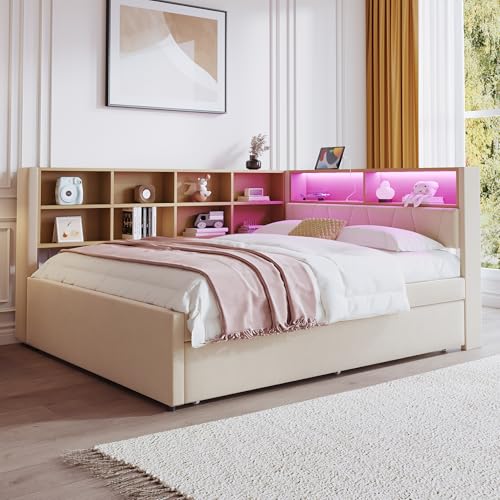 Pangshiyuan Schlafsofa 140x200 mit Ausziehbett 90x190, Multifunktionales Polsterbett mit LED-Leuchten, Ladeanschlüssen und Stauraum, Flanell, Beige von Pangshiyuan