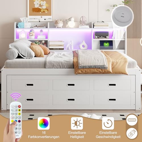 Pangshiyuan Schlafsofa 140x200cm, Daybett mit LED-Fernbedienung, 3 Schubladen, Nachttischablage, Multifunktionales Ausziehbett mit USB + Type-C, Weiß, ohne Matratze Pangshiyuan Schlafsofa 140x200cm, Daybett mit LED-Fernbedienung, 3 Schubladen, Nachttischablage, Multifunktionales Ausziehbett mit USB + Type-C, Weiß, ohne Matratze von Pangshiyuan