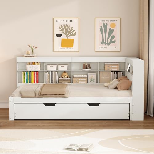 Pangshiyuan Schlafsofa 90 x 200 cm, Ausziehbares Bett 90 x 190 cm mit USB-Steckdose und Mehreren Ablagefächern, Massivholzbett, Einzelbett, Holz-Multifunktionsbett, Weiß Pangshiyuan Schlafsofa 90 x 200 cm, Ausziehbares Bett 90 x 190 cm mit USB-Steckdose und Mehreren Ablagefächern, Massivholzbett, Einzelbett, Holz-Multifunktionsbett, Weiß von Pangshiyuan