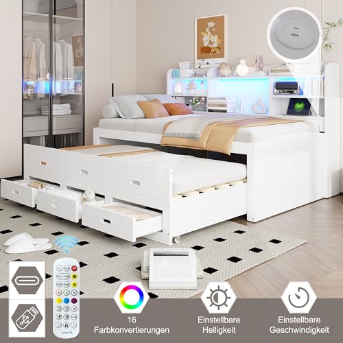 Pangshiyuan Schlafsofa 90x200cm, Daybett mit LED-Fernbedienung, 3 Schubladen, Nachttischablage, Ausziehbett mit USB + Type-C, Weiß, ohne Matratze Pangshiyuan Schlafsofa 90x200cm, Daybett mit LED-Fernbedienung, 3 Schubladen, Nachttischablage, Ausziehbett mit USB + Type-C, Weiß, ohne Matratze von Pangshiyuan