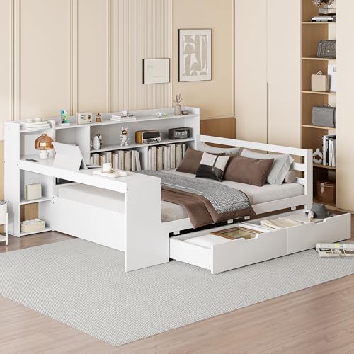Pangshiyuan Schlafsofa aus Massivholz 140x200 mit Ausziehbett 90x190, Multifunktionales Bett mit Schreibtisch, Regalen, Ablagefächern und Steckdosen, Weiß Pangshiyuan Schlafsofa aus Massivholz 140x200 mit Ausziehbett 90x190, Multifunktionales Bett mit Schreibtisch, Regalen, Ablagefächern und Steckdosen, Weiß von Pangshiyuan
