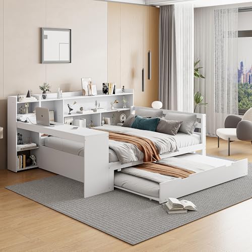 Pangshiyuan Schlafsofa aus Massivholz 140x200 mit Ausziehbett 90x190, Multifunktionales Bett mit Schreibtisch, Regalen, Ablagefächern und Steckdosen, Weiß Pangshiyuan Schlafsofa aus Massivholz 140x200 mit Ausziehbett 90x190, Multifunktionales Bett mit Schreibtisch, Regalen, Ablagefächern und Steckdosen, Weiß von Pangshiyuan
