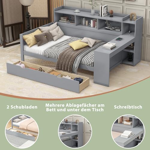 Pangshiyuan Schlafsofa mit Schreibtisch, 90 x 200 cm, Daybett mit USB-Anschluss, Schubladen, Nachttischablage, Untertischablage, Grau Pangshiyuan Schlafsofa mit Schreibtisch, 90 x 200 cm, Daybett mit USB-Anschluss, Schubladen, Nachttischablage, Untertischablage, Grau von Pangshiyuan