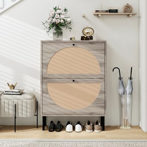 Pangshiyuan Schuhschrank mit 2 Türen, Rattan-Design, austauschbare Türfronten, Aufbewahrung für Flur, Eingangsbereich, 60 cm, Naturholzoptik, Schwarz, H87 cm × B60 cm × T17 cm von Pangshiyuan