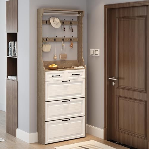 Pangshiyuan Schuhschrank mit Haken und 3 Türen, 2 Schubladen, aus MDF und Spanplatte, Weiß+Eiche, 80x23.5x220 cm, ideal für Flur und Schlafzimmer von Pangshiyuan