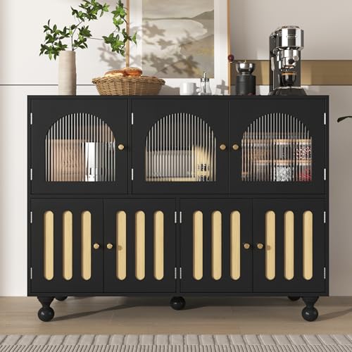 Pangshiyuan Schwarzes Sideboard (120 x 40 x 90 cm), modernes Design, Klaviertasten-Glas-Tür, runde Säulenbeine, Aufbewahrungsschrank, geeignet für Esszimmer und Wohnzimmer von Pangshiyuan