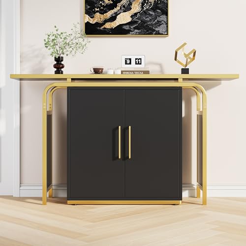 Pangshiyuan Schwarzes Sideboard (140 x 29,5 x 80 cm), mit Zwei Türen und goldenen Griffen, modern und schlicht, MDF, dekorativer Goldrahmen, ideal für Esszimmer, Wohnzimmer oder Küche von Pangshiyuan