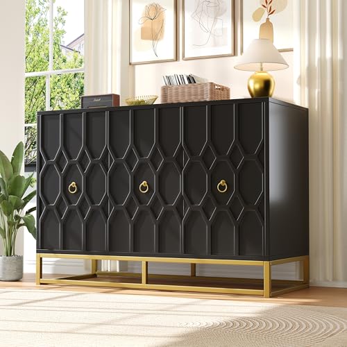 Pangshiyuan Sideboard (120×40×85 cm), Buffetschrank aus MDF mit Metallrahmen, freistehender Schrank für Esszimmer, Wohnzimmer oder Küche, verstellbare Regale, schwarz von Pangshiyuan