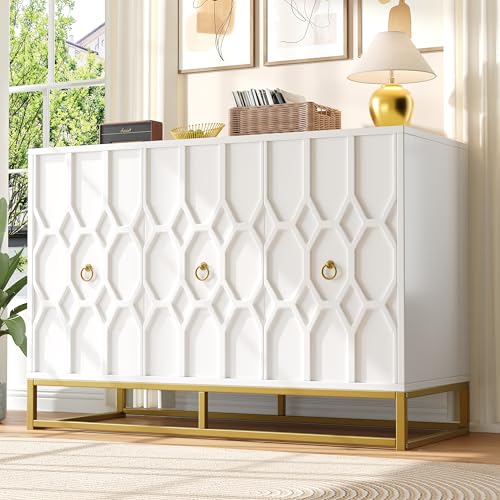 Pangshiyuan Sideboard (120×40×85 cm), Buffetschrank aus MDF mit Metallrahmen, verstellbare Regale, freistehender Schrank für Esszimmer, Wohnzimmer oder Küche, Weiß von Pangshiyuan