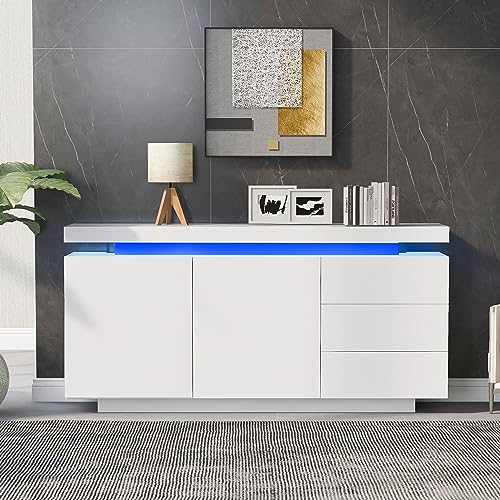 Pangshiyuan Sideboard 140x35x72,5 cm mit LED Licht, Hochglanz Front, 2 Türen & 3 Schubladen, grifflos, Spanplatte, für Wohnzimmer & Schlafzimmer, Weiß von Pangshiyuan