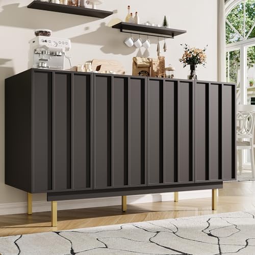 Pangshiyuan Sideboard 140x38,5x82,5 cm mit 4 Türen & verstellbaren Einlegeböden, griffloser Aufbewahrungsschrank aus MDF mit Rillenfront, Esszimmerschrank in Schwarz von Pangshiyuan