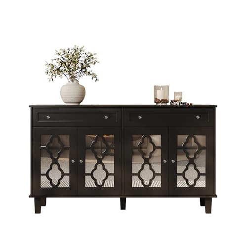 Pangshiyuan Sideboard 140x40x83 cm mit 4 Spiegeltüren, 2 Schubladen, verstellbaren Regalen, Kristallgriffen, MDF, Schwarz – für Wohnzimmer & Esszimmer von Pangshiyuan