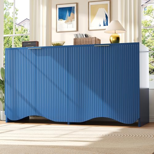 Pangshiyuan Sideboard 140×40×85cm, Aufbewahrungsschrank mit Wellenmuster-Tür & verstellbaren Regalböden, Esszimmer Wohnzimmer Buffetschrank, kippsicher, Blau von Pangshiyuan
