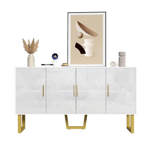 Pangshiyuan Sideboard 150 cm mit 4 Türen, höhenverstellbare Regale, Hochglanz Front, MDF & Spanplatte, Weiß mit goldenen Griffen, für Wohnzimmer & Esszimmer von Pangshiyuan