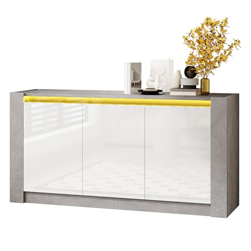 Pangshiyuan Sideboard 150x40x75 cm Weiß Hochglanz mit Soft-Close-Türen & verstellbaren Regalen, grifflos, Stauraumschrank Grau-Weiß für Wohnzimmer Flur Esszimmer von Pangshiyuan