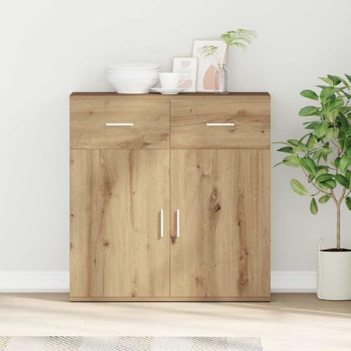 Pangshiyuan Sideboard Eiche Massivoptik mit 2 Schubladen & 2 Türen, Modernes Wohnzimmer Buffet mit Regalen, Stauraum Möbel für Esszimmer, Schlafzimmer oder Flur, 79W x 38D x 80H cm von Pangshiyuan