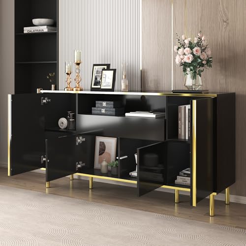 Pangshiyuan Sideboard Hochglanz Schwarz 150x40x80 cm, Kommode mit LED, 4 Türen & 1 Schublade, Stauraumschrank aus MDF, modern für Wohnzimmer & Schlafzimmer von Pangshiyuan