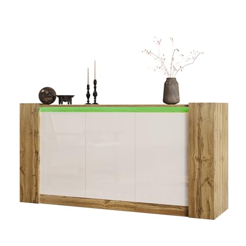 Pangshiyuan Sideboard Hochglanz Weiß-Holz 150x40x70,5 cm, LED-Kommode mit 3 Türen & verstellbaren Regalen, Stauraumschrank grifflos für Wohnzimmer Esszimmer Flur von Pangshiyuan