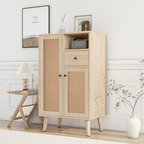Pangshiyuan Sideboard Holzoptik mit 2 Rattantüren und 1 Schublade, Aufbewahrungsschrank 60x40x101cm, Kommode mit Stauraum für Wohnzimmer Flur Esszimmer, Eichenfarbe von Pangshiyuan