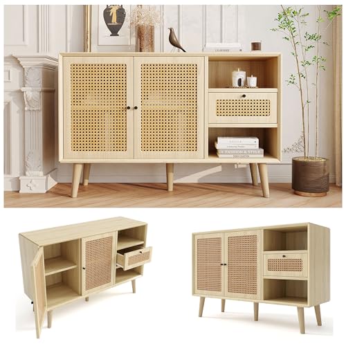Pangshiyuan Sideboard Kommode mit 1 Schublade und 2 Magnetischen Türen, Rattanfront, Holzbeine, Verstellbare Regale, Schubladen aus Eiche, 120 x 40 x 80 cm, Schwarz von Pangshiyuan