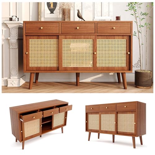 Pangshiyuan Sideboard Kommode mit 3 Schubladen und 3 Schiebetüren, Rattangeflecht, Massivholzbeine, Metallbügelgriff, Verstellbare Ablagen, Nussbaumfarben, 120x40x78cm von Pangshiyuan