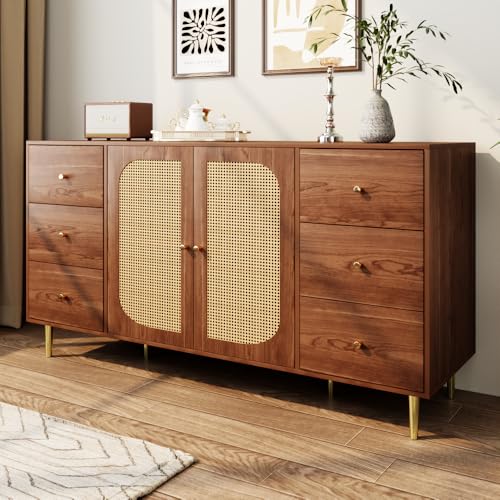 Pangshiyuan Sideboard Rattan-Aufbewahrungsschrank mit Schubladen, Holz Kommode, Anrichte für Wohnzimmer, Esszimmer, Küche, braun 160x40x90 cm, Landhausstil von Pangshiyuan