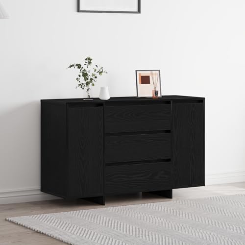 Pangshiyuan Sideboard aus Eichenholz mit mattem Finish, 2 Türen, 3 Schubladen, Stauraum für Geschirr und Deko, modernes Design, Esszimmer, schwarz, 120 x 40.5 x 75 cm von Pangshiyuan