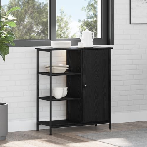 Pangshiyuan Sideboard aus Holzwerkstoff mit schwarzem Eichenfinish, 1 Tür, 3 Regale, Matte Oberfläche, 70x30x80 cm, Für Esszimmer oder Wohnzimmer, Schwarz von Pangshiyuan