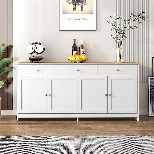 Pangshiyuan Sideboard im Landhausstil mit 4 Türen & 3 Schubladen, Buffetschrank mit Holzstruktur & verstellbaren Regalböden, aus MDF, für Wohnzimmer Esszimmer Küche, Weiß-Holzfarben, 160x37x75 cm von Pangshiyuan
