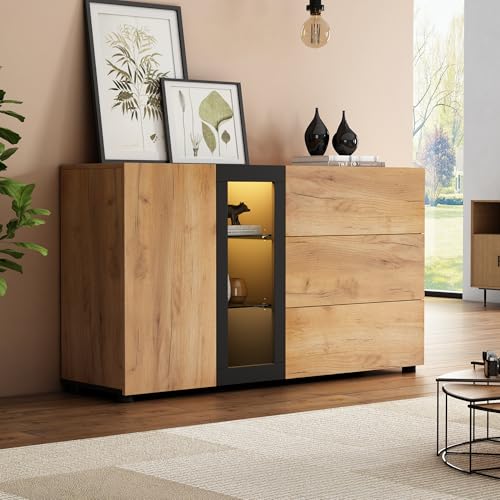 Pangshiyuan Sideboard mit 3 Schubladen, Modernes Buffetschrank Sideboard mit Glasregalen und LED-Beleuchtung, Multifunktionaler Konsolentisch, 140x40x80 cm, Schwarz und Braun von Pangshiyuan