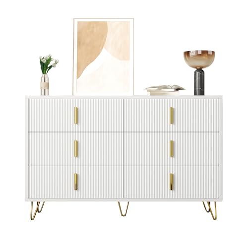 Pangshiyuan Sideboard mit 6 Schubladen, Kommode mit Stauraum, modernes Design mit Wellenstruktur und goldenen Griffen, für Wohnzimmer Schlafzimmer Flur, Weiß-Gold 120x40x77 cm Pangshiyuan Sideboard mit 6 Schubladen, Kommode mit Stauraum, modernes Design mit Wellenstruktur und goldenen Griffen, für Wohnzimmer Schlafzimmer Flur, Weiß-Gold 120x40x77 cm von Pangshiyuan