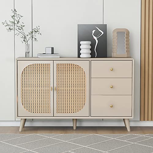 Pangshiyuan Sideboard mit LED, Kommode mit 3 Schubladen und 2 Magnetischen Türen, Rattangeflecht und Holzbeinen, Multifunktionaler Stauraum, Offwhite Creme, 120x40x82,5cm von Pangshiyuan