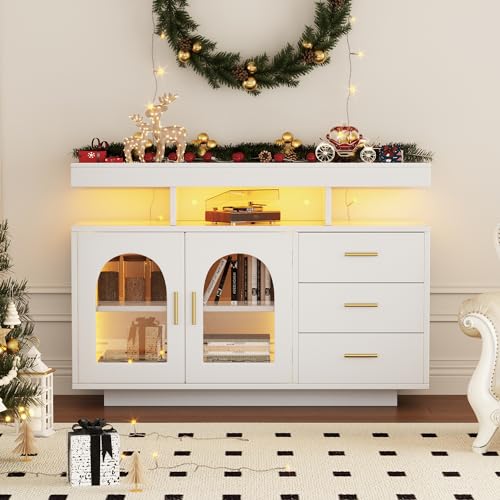 Pangshiyuan Sideboard mit LED-Beleuchtung, Hochglanz-Küchenschrank mit Schubladen & Türen, Kaffeebar-Schrank 120x40x80 cm, Esszimmer Aufbewahrungsschrank Weiß mit 16 Farben Licht von Pangshiyuan