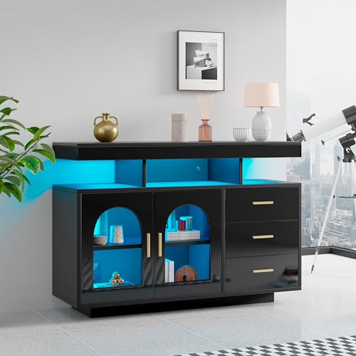 Pangshiyuan Sideboard mit LED-Beleuchtung, Kaffeebar-Schrank mit Schubladen & Türen, Hochglanz Buffetkommode 120x40x80 cm aus Spanplatte in Schwarz, für Esszimmer Wohnzimmer Flur von Pangshiyuan