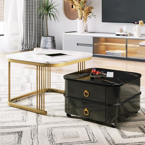 Pangshiyuan Stapelbarer Couchtisch mit hochglänzender Marmoroptik, Glasplatte, Schwarze Metallbeine, Beistelltisch mit Schubladen im 2er-Set, 60x60x45 cm + 50x50x34 cm Pangshiyuan Stapelbarer Couchtisch mit hochglänzender Marmoroptik, Glasplatte, Schwarze Metallbeine, Beistelltisch mit Schubladen im 2er-Set, 60x60x45 cm + 50x50x34 cm von Pangshiyuan
