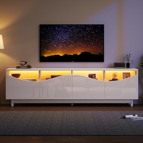 Pangshiyuan TV-Schrank mit LED-Beleuchtung, Weiß Hochglanz, Gehärtetes Glas, Drucktyp-Tür, TV-Entertainment Möbel, Multifunktional, 175x38x51cm von Pangshiyuan