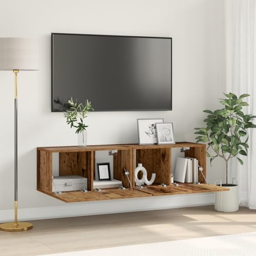 Pangshiyuan TV-Schranksystem aus massivem Altholz, Distressed Finish, Wandmontiert, 2 Regale, für Wohnzimmer, Braun, 102 x 35 x 45cm von Pangshiyuan