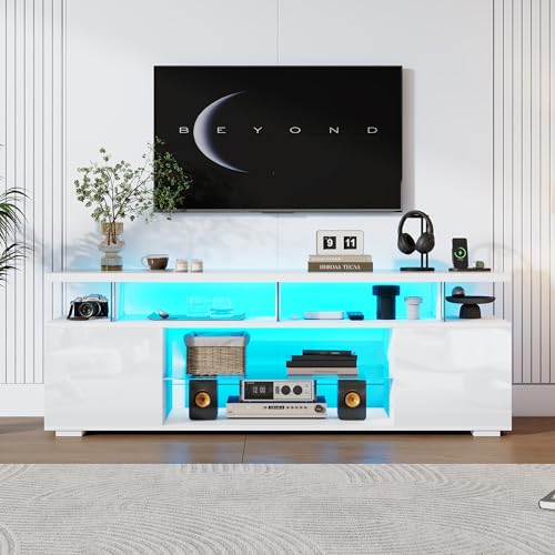 Pangshiyuan TV-Ständer mit LED-Beleuchtung, Weiß Hochglanz, Gehäuse aus gehärtetem Glas, TV-Unterschrank für bis zu 60 Zoll Fernseher, Gaming-Medienständer mit Stauraum, 150x40x53cm von Pangshiyuan