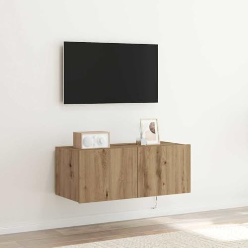 Pangshiyuan TV-Wandschrank aus Holzwerkstoff mit LED-Beleuchtung, Rustikales Design in Eiche Optik, Platzsparendes Wandregal für Wohnzimmer, 80W x 35D x 31H cm von Pangshiyuan