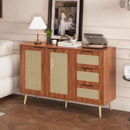 Pangshiyuan Vintage Rattan Sideboard mit 2 Türen und 3 Schubladen, Holzoptik Kommode mit Metallgriffen, verstellbarem Regal, Wohnzimmer Esszimmer Küchenmöbel, Nussbaum 120x38x78 cm von Pangshiyuan