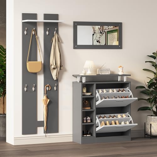 Pangshiyuan Wandgarderoben-Set mit Spiegel & Schuhschrank, Flurmöbel 80x25x96,5cm, Garderobe mit 2 Wandpaneelen & Ablage, matt grau, für Flur & Eingangsbereich von Pangshiyuan