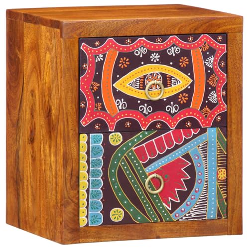 Pangshiyuan Wandmontierter Nachttisch aus Massivholz Akazie mit Schublade, Handbemalter Boho-Design, Platzsparend, Schlafzimmer Kommode, Braun, 35W x 30D x 40H cm von Pangshiyuan