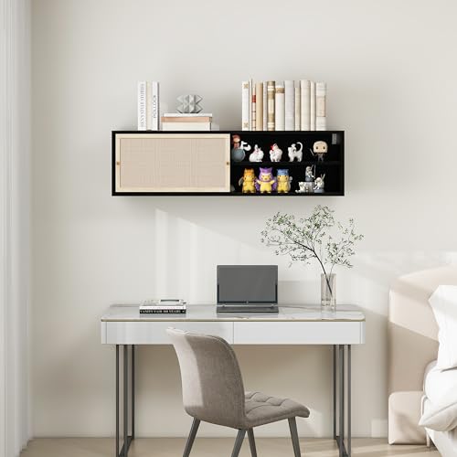 Pangshiyuan Wandschrank mit Schiebetüren in Schwarz, Rattangeflecht & Metallgriffen, Hängeschrank mit Regalboden & Holzoptik, für Wohnzimmer Schlafzimmer Büro, 110x40x31 cm von Pangshiyuan