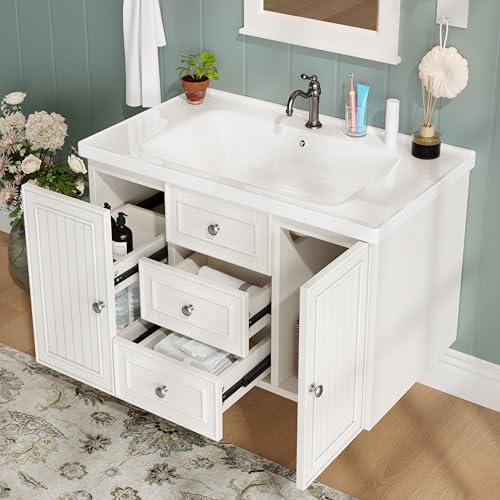 Pangshiyuan Waschbeckenunterschrank mit MDF und Keramikbecken, Hängendes Design, 3 Schubladen, Badezimmerschrank, Unterschrank, Stauraumwunder, Weiß, 78.5×46×46.8cm von Pangshiyuan