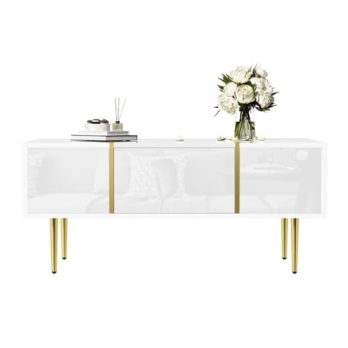 Pangshiyuan Weißer Couchtisch mit Hochglanz-Oberfläche, 2 Schubladen, Modernes Design, Multifunktional, Stabiler MDF Tisch, Für Wohnzimmer, 100x60x41.5cm von Pangshiyuan
