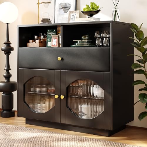 Pangshiyuan Weißes Sideboard (100 x 40 x 90.5 cm), modernes Design mit Glastüren, geräumiger Stauraum, ideal für Küche, Esszimmer und Wohnzimmer von Pangshiyuan