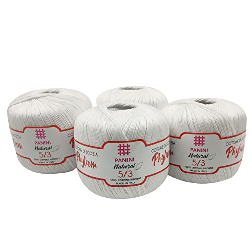 Panini Tessuti Packung mit 4 Stickgarnen für Häkelnadel Titel 8, 100 % Baumwolle, 100 g (Weiß 1, Titel 3-4 Knäuel) von Panini Tessuti