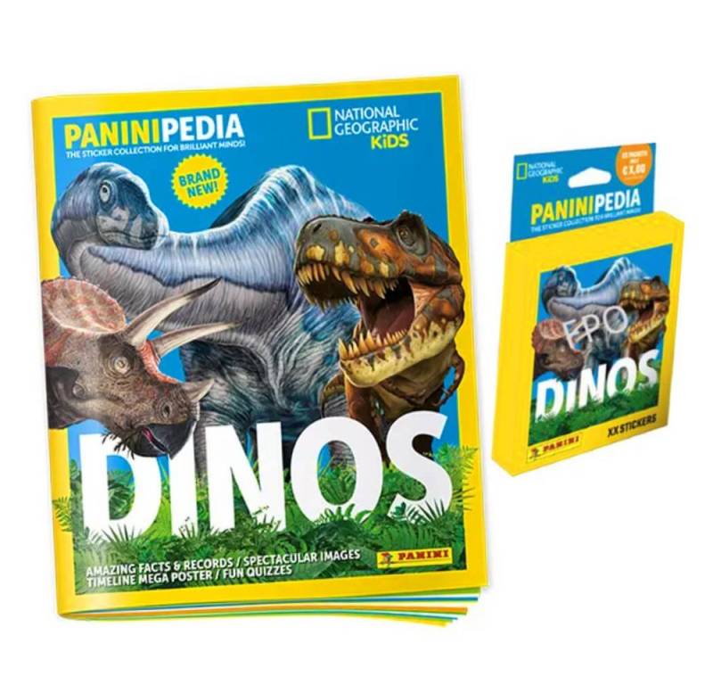 Panini Sticker PaniniPedia Dinos Sticker - Dinosaurier Sammelsticker (2023) - 1 Album, (Set), PaniniPedia Dinos Sticker - 1 Album + 1 Blister Sammelsticker von Panini