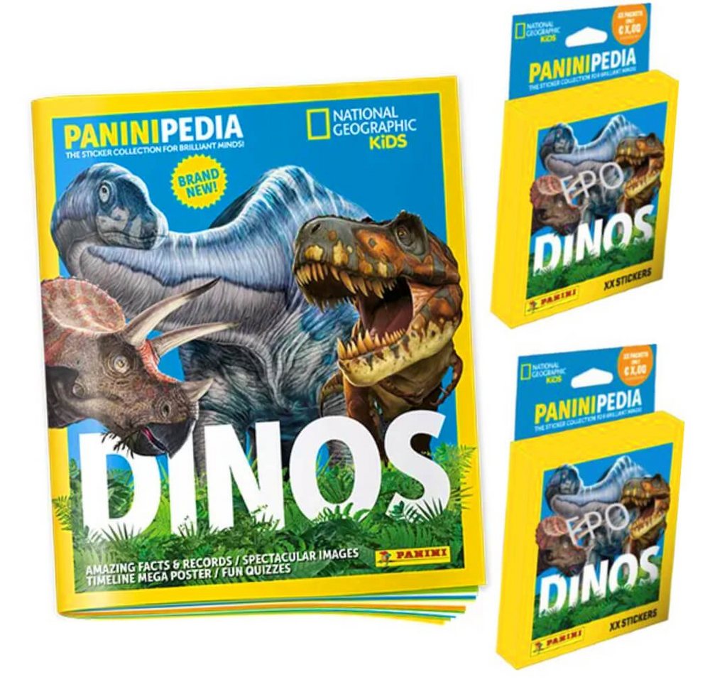 Panini Sticker PaniniPedia Dinos Sticker - Dinosaurier Sammelsticker (2023) - 1 Album, (Set), PaniniPedia Dinos Sticker - 1 Album + 2 Blister Sammelsticker von Panini