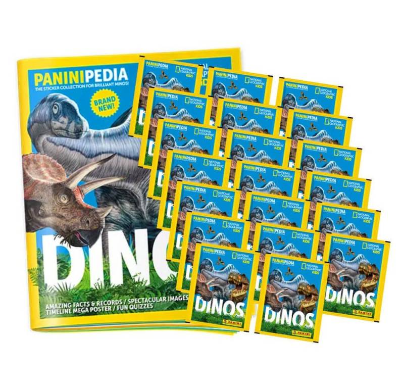 Panini Sticker PaniniPedia Dinos Sticker - Dinosaurier Sammelsticker (2023) - 1 Album, (Set), PaniniPedia Dinos Sticker - 1 Album + 20 Tüten Sammelsticker von Panini